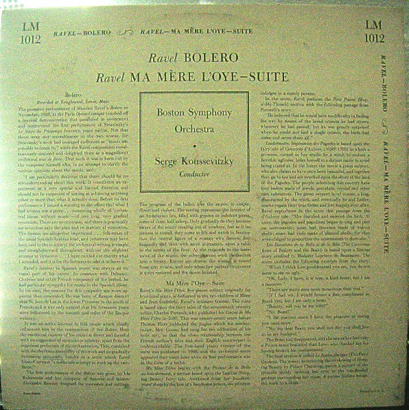 Maurice Ravel - Boston Symphony Orchestra, Serge Koussevitzky : Bolero / Mother Goose Suite (LP)