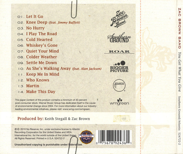 Zac Brown Band : You Get What You Give (CD, Album, Car)