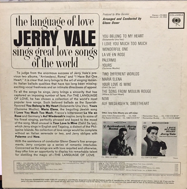 Jerry Vale : The Language Of Love - Jerry Vale Sings Great Love Songs Of The World (LP, Album, Mono)