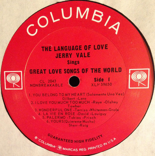 Jerry Vale : The Language Of Love - Jerry Vale Sings Great Love Songs Of The World (LP, Album, Mono)