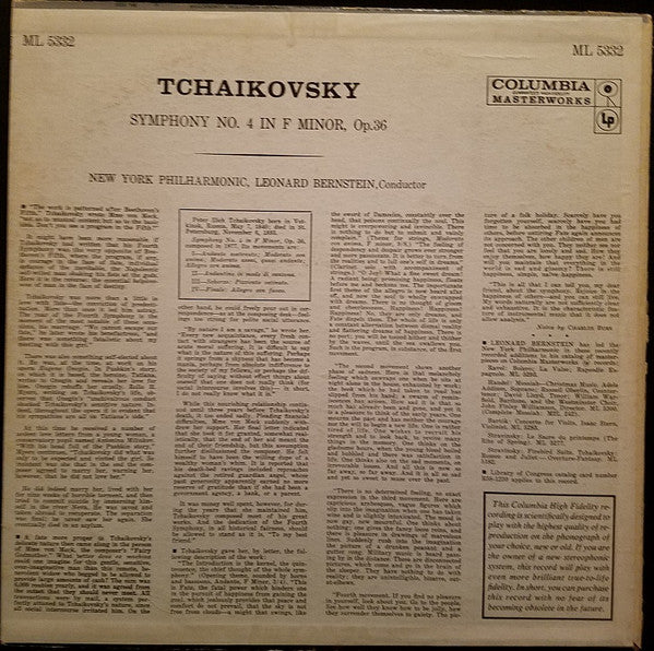 Pyotr Ilyich Tchaikovsky : New York Philharmonic, Leonard Bernstein : Symphony No. 4 In F Minor, Op. 36 (LP, Mono)