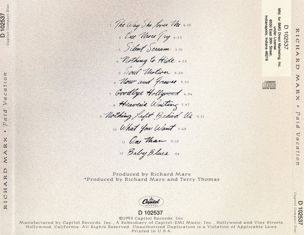 Richard Marx : Paid Vacation (CD, Album, Club)