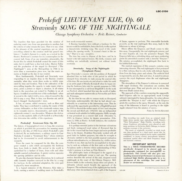 Sergei Prokofiev / Igor Stravinsky / Fritz Reiner, The Chicago Symphony Orchestra : Lieutenant Kije / Song Of The Nightingale (LP, Album, Ind)