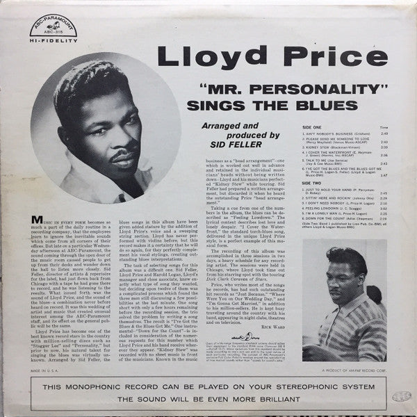 LLoyd Price : "Mr. Personality" Sings The Blues (LP, Album, Mono)