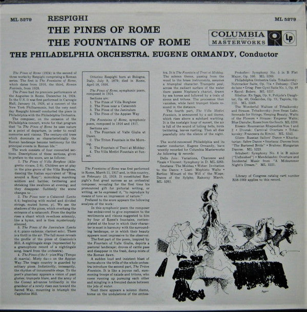 Eugene Ormandy Conducts The Philadelphia Orchestra / Ottorino Respighi : Pines Of Rome (LP, Album, Mono)