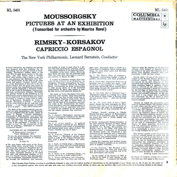 Modest Mussorgsky, Nikolai Rimsky-Korsakov, Leonard Bernstein, New York Philharmonic : Pictures At An Exhibition · Capriccio Espagnol (LP, Mono)