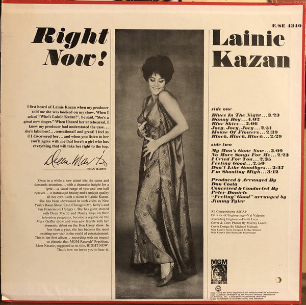 Lainie Kazan : Right Now! (LP, Album, RE)