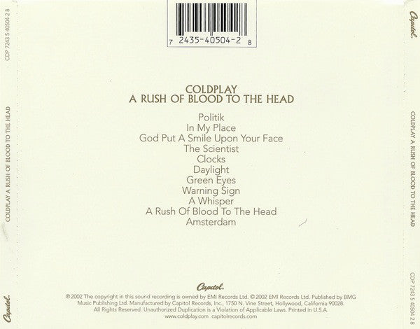 Coldplay : A Rush Of Blood To The Head (CD, Album, EMI)