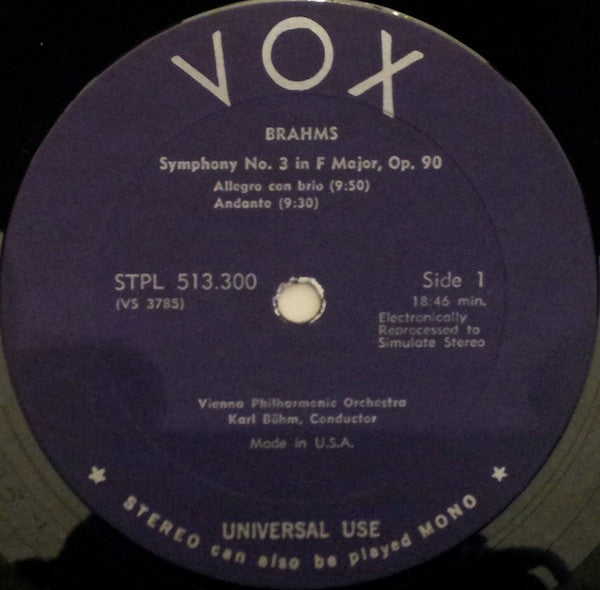 Karl Böhm Conducts Johannes Brahms, Wiener Philharmoniker : Symphony No. 3 In F-Major, Op. 90 (LP, Enh, RM)
