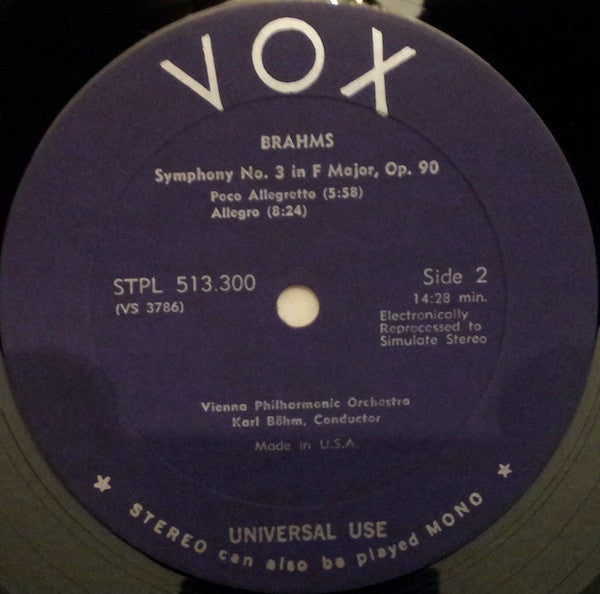 Karl Böhm Conducts Johannes Brahms, Wiener Philharmoniker : Symphony No. 3 In F-Major, Op. 90 (LP, Enh, RM)