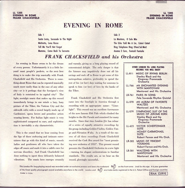 Frank Chacksfield & His Orchestra : Evening In Rome... (LP)