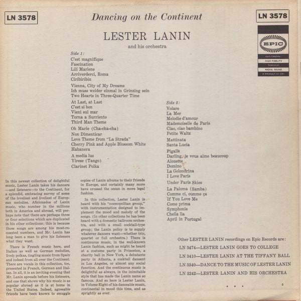 Lester Lanin And His Orchestra : Dancing On The Continent (LP, Mono)