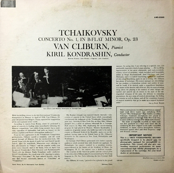 Pyotr Ilyich Tchaikovsky - Van Cliburn, Kiril Kondrashin : Concerto No. 1 (LP, Album, Ind)