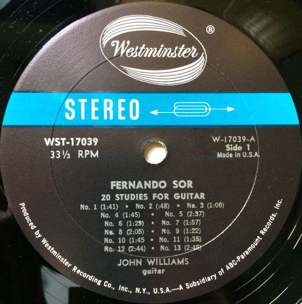 John Williams (7) : Fernando Sor : 20 Studies For Guitar (LP, Album)