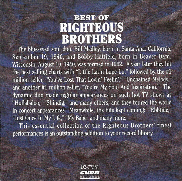 The Righteous Brothers : Best Of Righteous Brothers (CD, Comp)