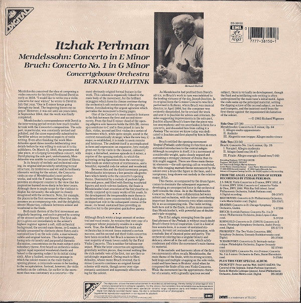 Itzhak Perlman – Felix Mendelssohn-Bartholdy / Max Bruch – Concertgebouworkest, Bernard Haitink : Concerto In E Minor / Concerto No. 1 In G Minor (LP, DMM)