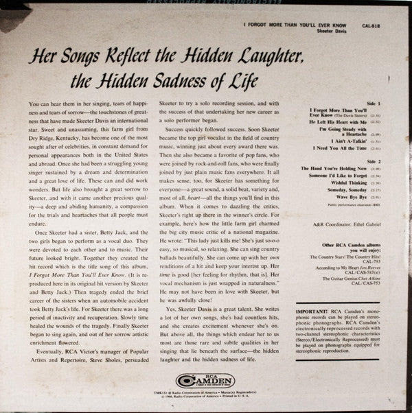 Skeeter Davis : I Forgot More Than You'll Ever Know (LP, Album, Comp, Mono)