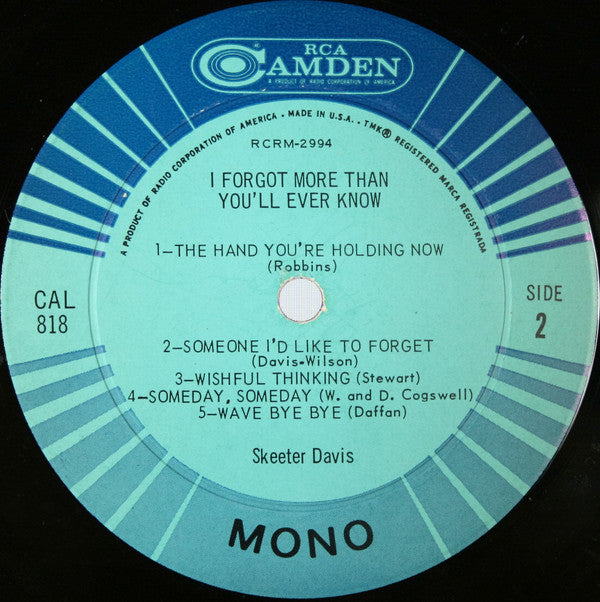Skeeter Davis : I Forgot More Than You'll Ever Know (LP, Album, Comp, Mono)