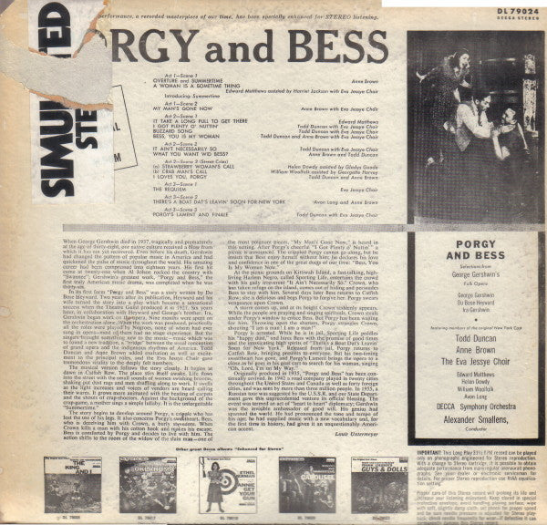 Todd Duncan (3) . Anne Brown, Eva Jessye Choir And Decca Symphony Orchestra : George Gershwin's Porgy And Bess (LP, Album, RE, RP)