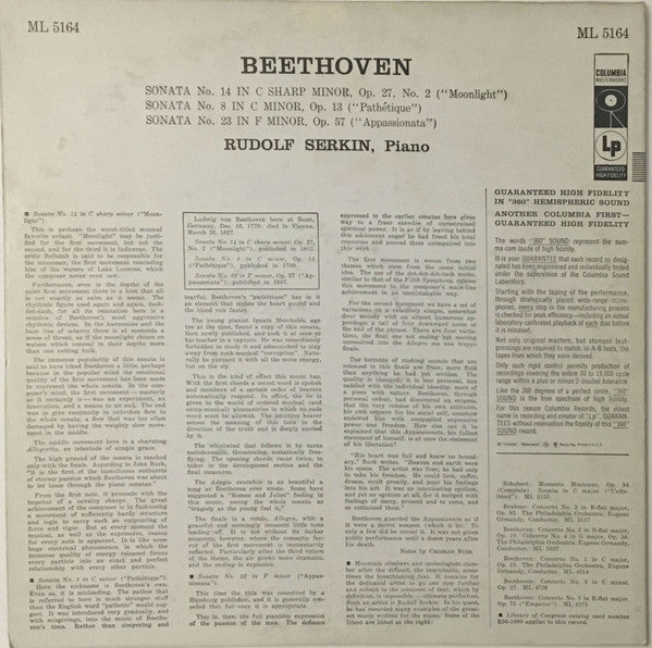 Ludwig van Beethoven / Rudolf Serkin : Sonata No. 14 ("Moonlight") / Sonata No. 8 ("Pathétique") / Sonata No. 23 ("Appassionata") (LP, Album, Mono)