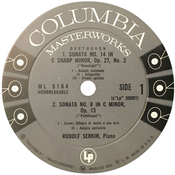 Ludwig van Beethoven / Rudolf Serkin : Sonata No. 14 ("Moonlight") / Sonata No. 8 ("Pathétique") / Sonata No. 23 ("Appassionata") (LP, Album, Mono)