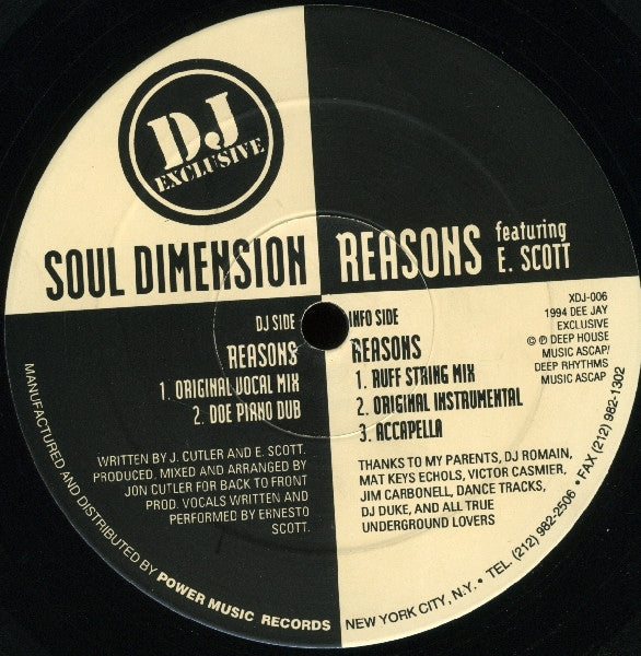 Soul Dimensions Featuring Ernesto Scott : Reasons (12")