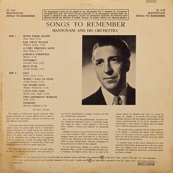 Mantovani And His Orchestra : Songs To Remember (LP, Mono)