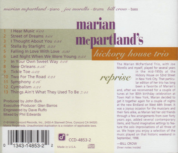 Marian McPartland's Hickory House Trio : Reprise (CD, Album)