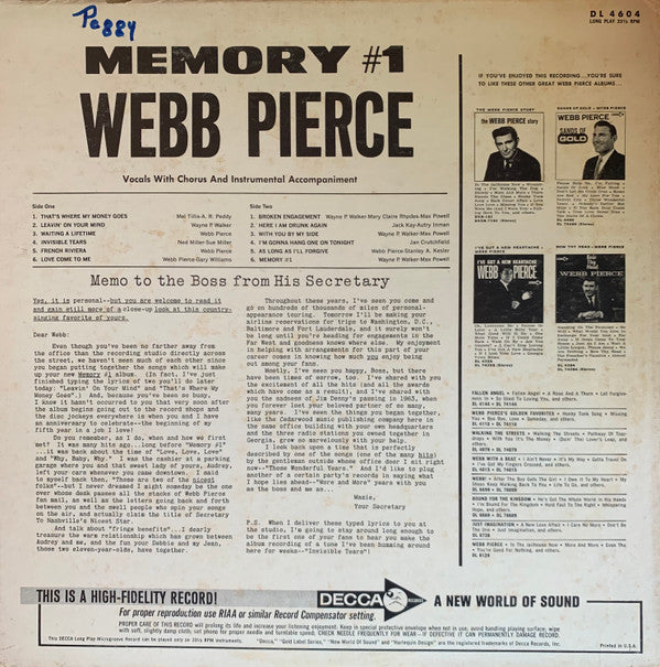 Webb Pierce : Memory #1 (LP, Album, Mono)