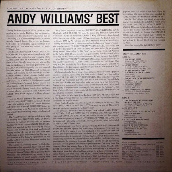 Andy Williams : Andy Williams' Best (LP, Comp, Mono)