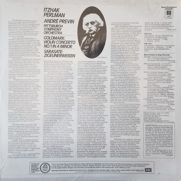 Karl Goldmark, Pablo De Sarasate, Itzhak Perlman, André Previn, The Pittsburgh Symphony Orchestra : Violin Concerto No. 1 In A Minor / Zigeunerweisen (LP, Quad)