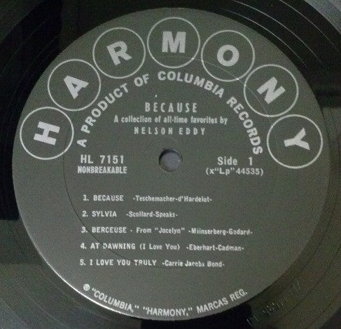 Nelson Eddy : Because: A Collection Of All Time Favorites (LP, Album)