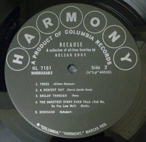 Nelson Eddy : Because: A Collection Of All Time Favorites (LP, Album)