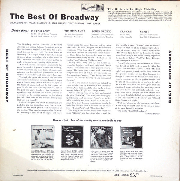 Jack Hansen (4), Frank Chacksfield, Ivor Slaney, Tony Osborne : The Best Of Broadway (LP, Comp)