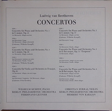 Ludwig van Beethoven - Ferdinand Leitner, Herbert Von Karajan, Berliner Philharmoniker, Wilhelm Kempff, Christian Ferras : Concertos (5xLP, RP, Aut + Box, Comp)