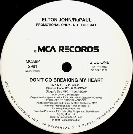 Elton John / RuPaul : Don't Go Breaking My Heart (12", Single, Promo)