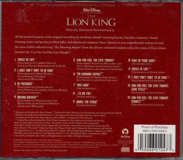 Elton John, Tim Rice, Hans Zimmer : The Lion King: Special Edition (Original Motion Picture Soundtrack) (CD, Album, Enh, RE, RM, S/Edition)