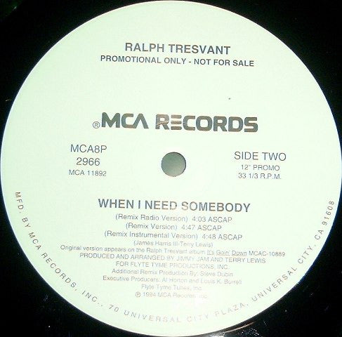 Ralph Tresvant : When I Need Somebody (Remix) (12", Promo)