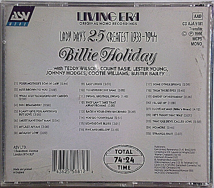 Billie Holiday : Lady Day's 25 Greatest Hits 1933-1944 (CD, Comp, Mono)