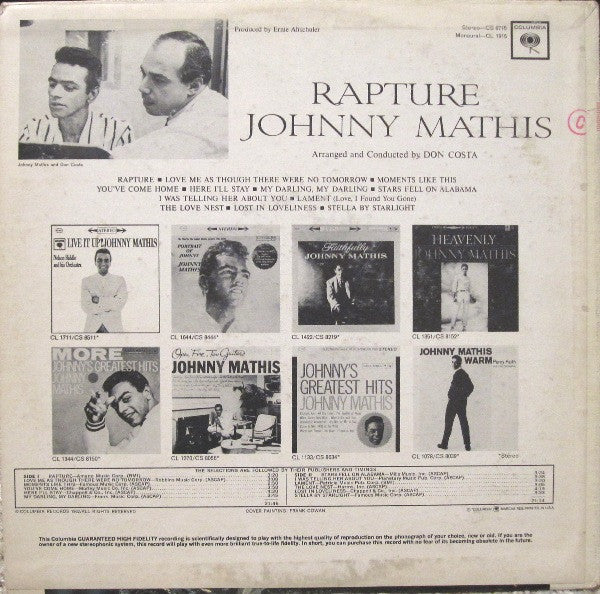 Johnny Mathis : Rapture (LP, Album, Mono, Pit)