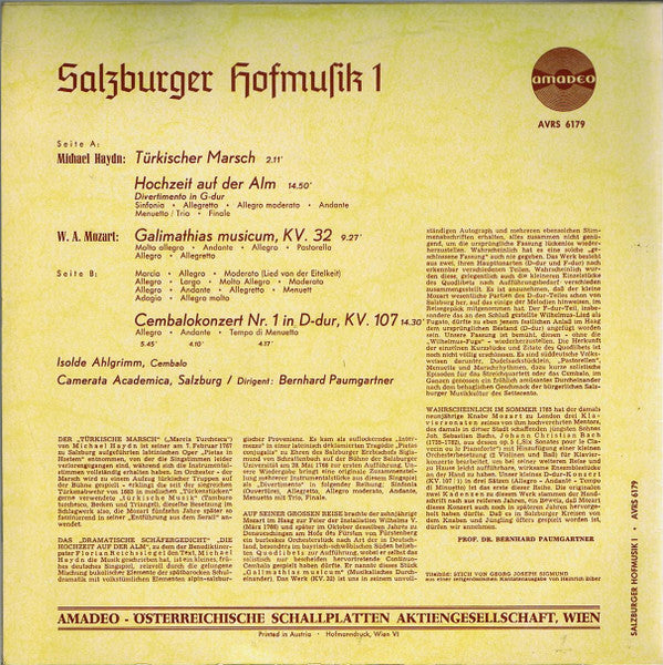 Michael Haydn / Wolfgang Amadeus Mozart - Camerata Academica Salzburg, Bernhard Paumgartner, Isolde Ahlgrimm : Salzburger Hofmusik I (LP)
