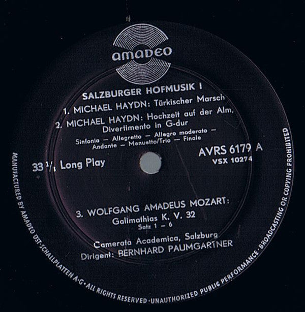 Michael Haydn / Wolfgang Amadeus Mozart - Camerata Academica Salzburg, Bernhard Paumgartner, Isolde Ahlgrimm : Salzburger Hofmusik I (LP)