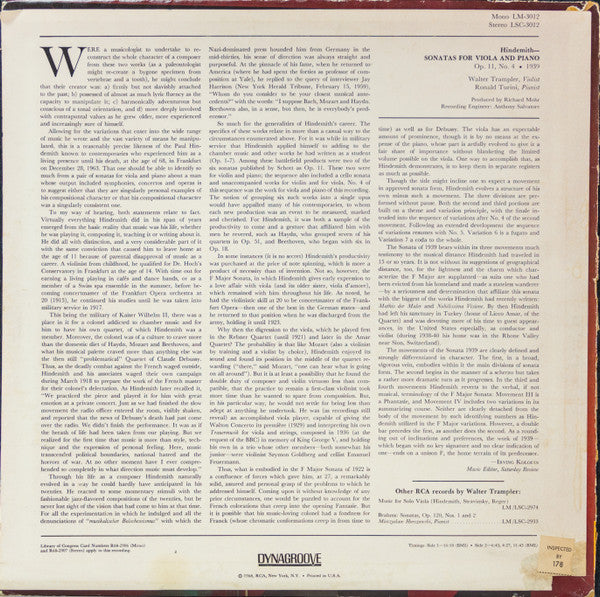Walter Trampler, Ronald Turini - Paul Hindemith : Sonatas For Viola And Piano (Op. 11, No. 4 ▪ 1939) (LP)