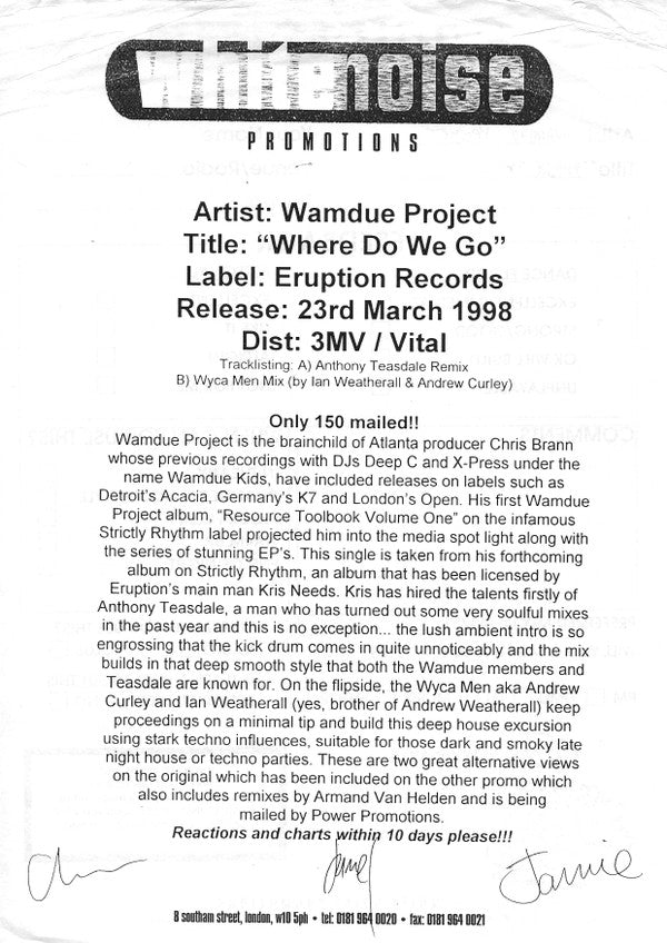 Wamdue Project : Where Do We Go? (12", Ltd, Promo)
