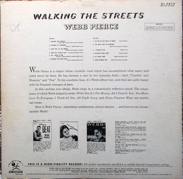 Webb Pierce : Walking The Streets (LP, Album, Mono)