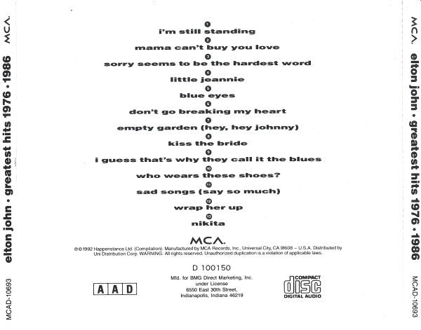 Elton John : Greatest Hits 1976-1986 (CD, Comp, Club)