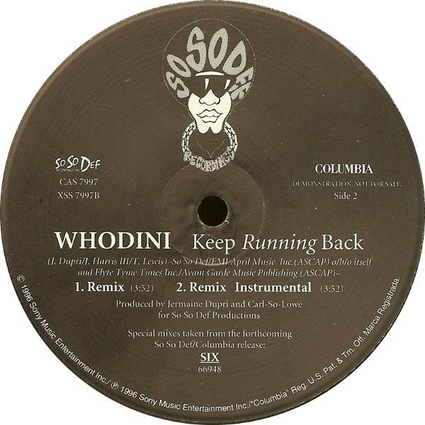 Whodini : Keep Running Back (12", Single, Promo)