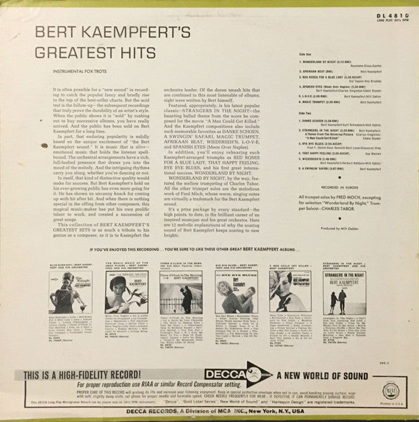 Bert Kaempfert & His Orchestra : Bert Kaempfert's Greatest Hits (LP, Comp, Mono)
