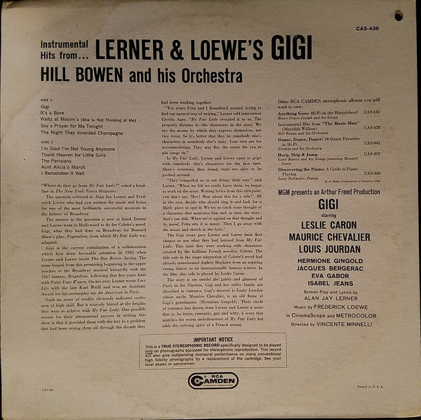 Hill Bowen And His Orchestra : Instrumental Hits From Lerner & Loewe's Gigi (LP)