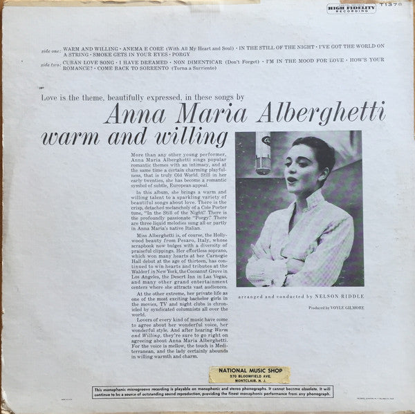 Anna Maria Alberghetti : Warm And Willing (LP, Album, Mono)